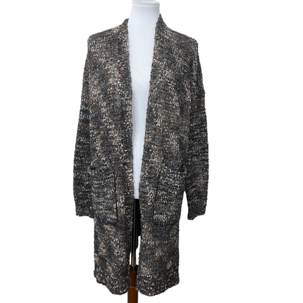 Mystree Anthropologie L Large Chunky Knit Open Front Cardigan Sweater Gray Grey